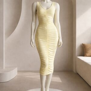 Fashion Nova Yellow Ruched Midi Dress